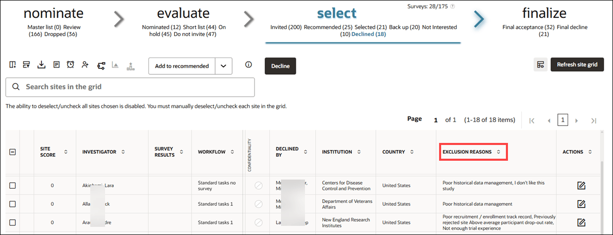 Exclusion reasons column in the site grid Exclusion reasons column in the site grid