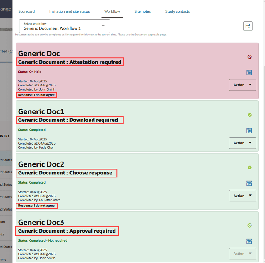 Site details drawer Workflow tab showing full Generic Document task names and the chosen response for a Generic Document: Attestation task Site details drawer Workflow tab showing full Generic Document task names and the chosen response for a Generic Document: Attestation task