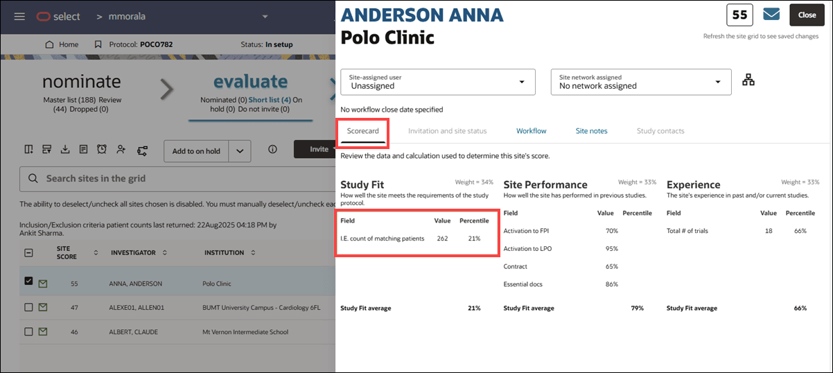 Site details drawer showing the Scorecard tab and I.E. count of matching patients values and percentile in the Scorecard's Study fit category Site details drawer showing the Scorecard tab and I.E. count of matching patients values and percentile in the Scorecard's Study fit category