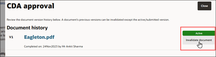 The Invalidate document button displays below the Active status label in the document history drawer The Invalidate document button displays below the Active status label in the document history drawer