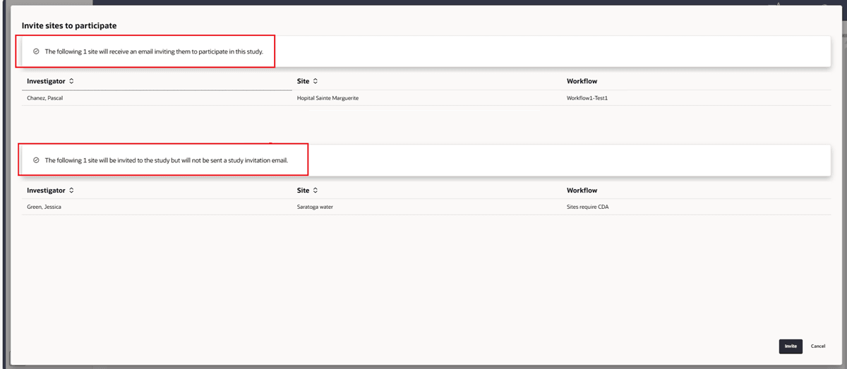 Invite sites to participate modal showing a new section with text stating the listed site will not receive an emailed invitation