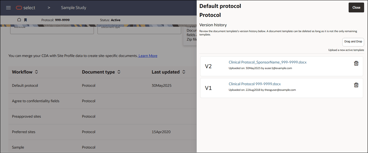 Manage workflow documents page with open document version history drawer