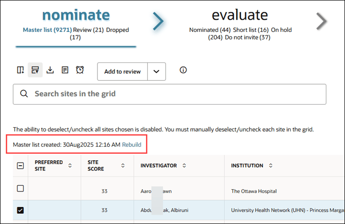 Master list timestamp displays at the upper left of the site grid Master list timestamp displays at the upper left of the site grid