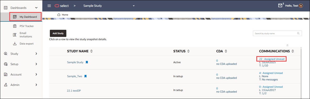 My Dashboard showing new Assigned Unread label in the Communications column My Dashboard showing new Assigned Unread label in the Communications column