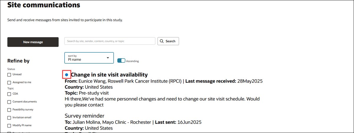 Example newly received message with new message, blue dot indicator Example newly received message with new message, blue dot indicator