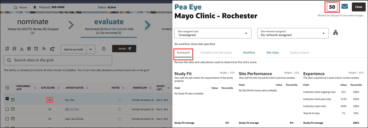 Site details drawer showing the Scorecard tab and the overall score at the top of the drawer Site details drawer showing the Scorecard tab and the overall score at the top of the drawer