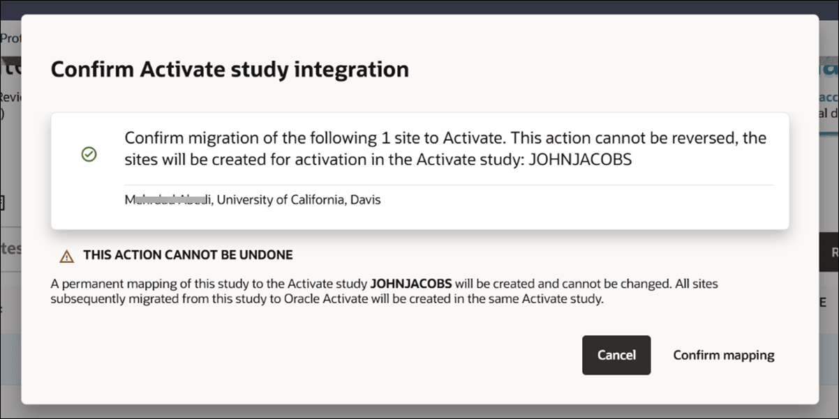 Example confirmation modal for migrating a site to Oracle Site Activate