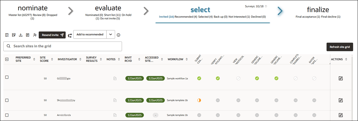 Site grid with select bucket showing the Invited bucket state