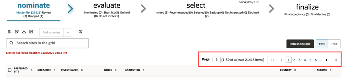 Pagination control and site count at the top right of the site grid Pagination control and site count at the top right of the site grid