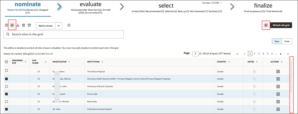 Site grid Master list bucket state showing new Refresh site grid button, enabled filters button, and vertical scroll bar Site grid Master list bucket state showing new Refresh site grid button, enabled filters button, and vertical scroll bar