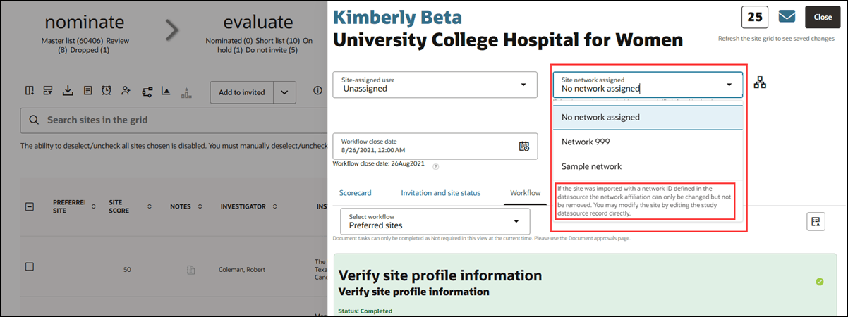 Site network helper text informs users that sites imported with a network ID must remain associated to a network Site network helper text informs users that sites imported with a network ID must remain associated to a network