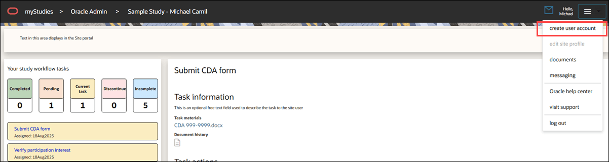 Site portal menu showing the Create user account menu option Site portal menu showing the Create user account menu option