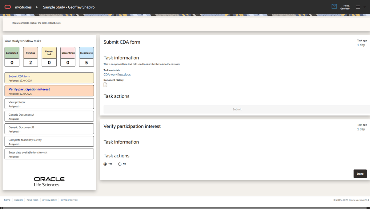 Site portal study home page showing study message banner and site task list with current task information