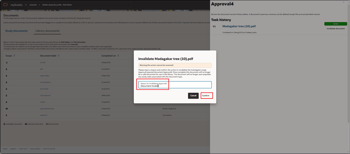 Site portal user must input a reason for invalidating a library document Site portal user must input a reason for invalidating a library document