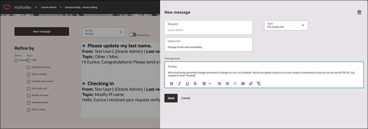 Site portal messaging area showing the New message modal