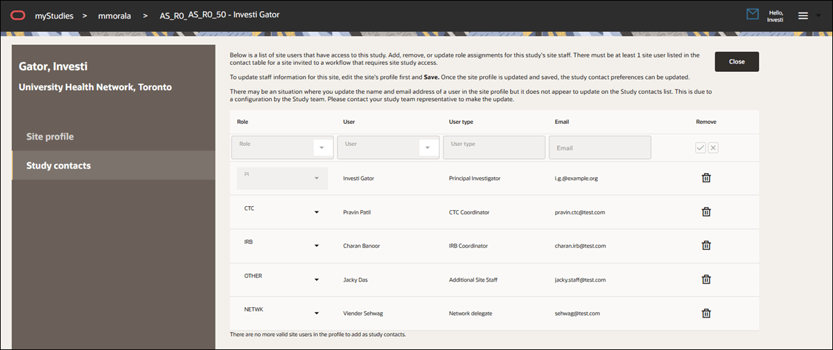 Study contacts tab in the Site portal where studysite users can manage user contacts for a specific study Study contacts tab in the Site portal where studysite users can manage user contacts for a specific study