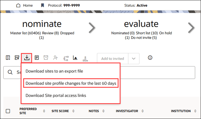 Site grid download options showing the Download site profile changes for the last 60 days item Site grid download options showing the Download site profile changes for the last 60 days item