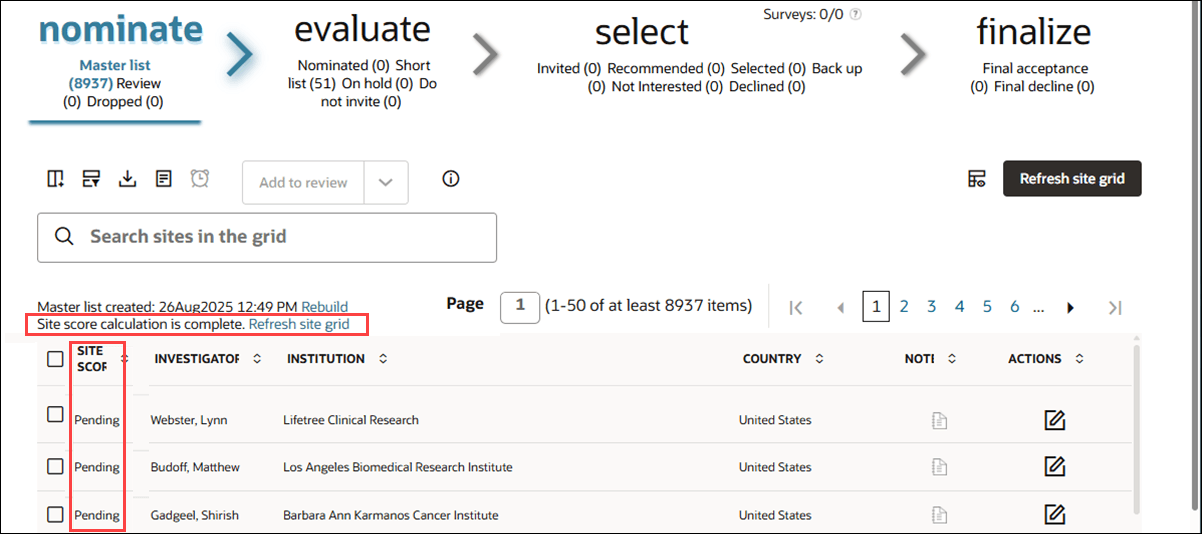 Site grid showing the site scoring complete message with refresh link Site grid showing the site scoring complete message with refresh link