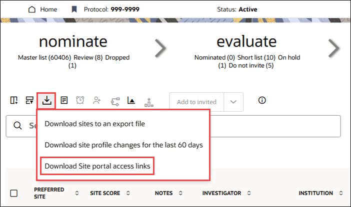 Site grid download options showing the Download Site portal access links item Site grid download options showing the Download Site portal access links item