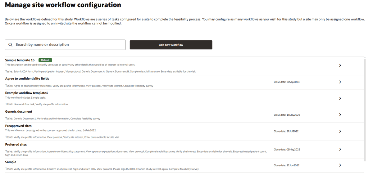 Example Manage site workflow configuration page with a fully populated list of workflows and a vertical scroll bar to the right Example Manage site workflow configuration page with a fully populated list of workflows and a vertical scroll bar to the right