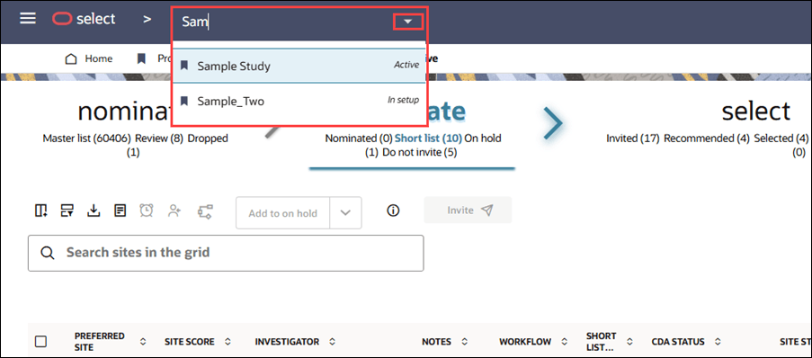 Study picker with down arrow and type ahead filtering Study picker with down arrow and type ahead filtering