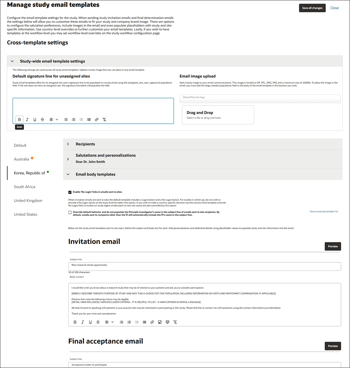 Study email template page showing related configuration settings grouped into accordion style panels