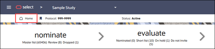Persistent study menu showing new Home label to the right of the home icon Persistent study menu showing new Home label to the right of the home icon