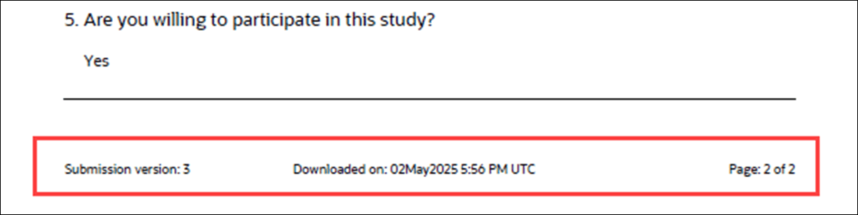 Example feasibility survey PDF export footer with additional details