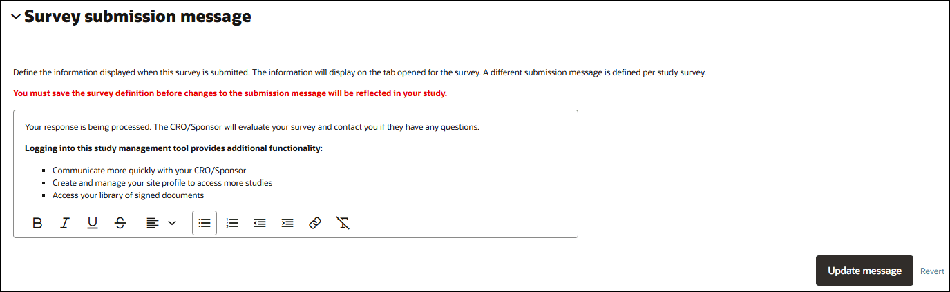 Survey message configuration section with new Update message button