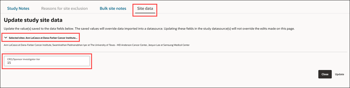 Study notes and Bulk site notes modal showing the new Site data tab and expanded list of selected sites Study notes and Bulk site notes modal showing the new Site data tab and expanded list of selected sites