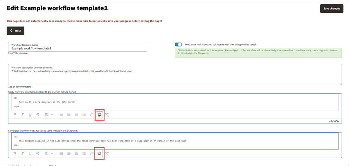 Workflow configuration page with text input fields, each showing a source code button among the rich text editing options Workflow configuration page with text input fields, each showing a source code button among the rich text editing options
