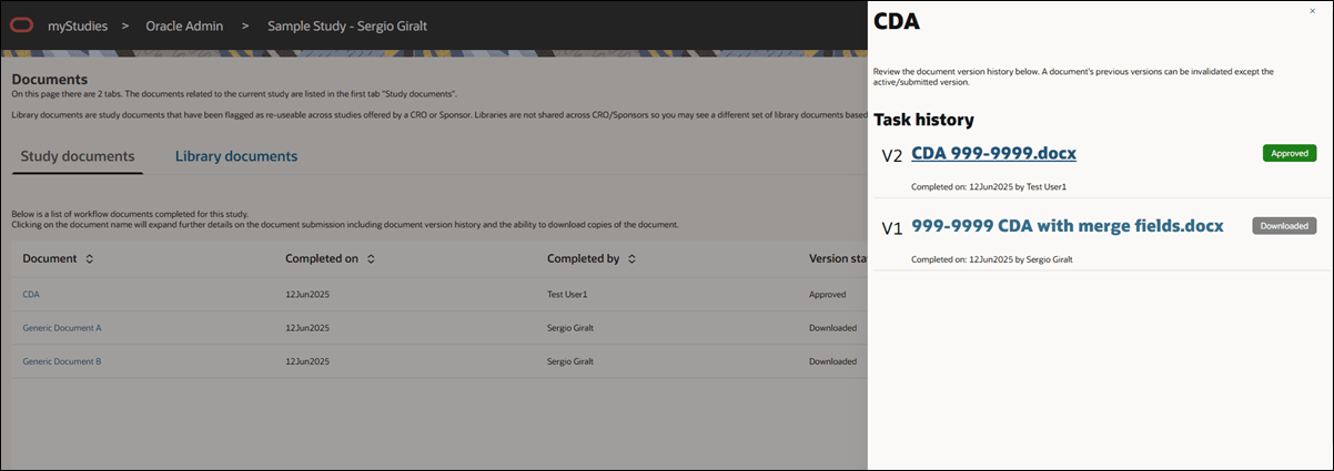Study documents tab showing an open document details drawer