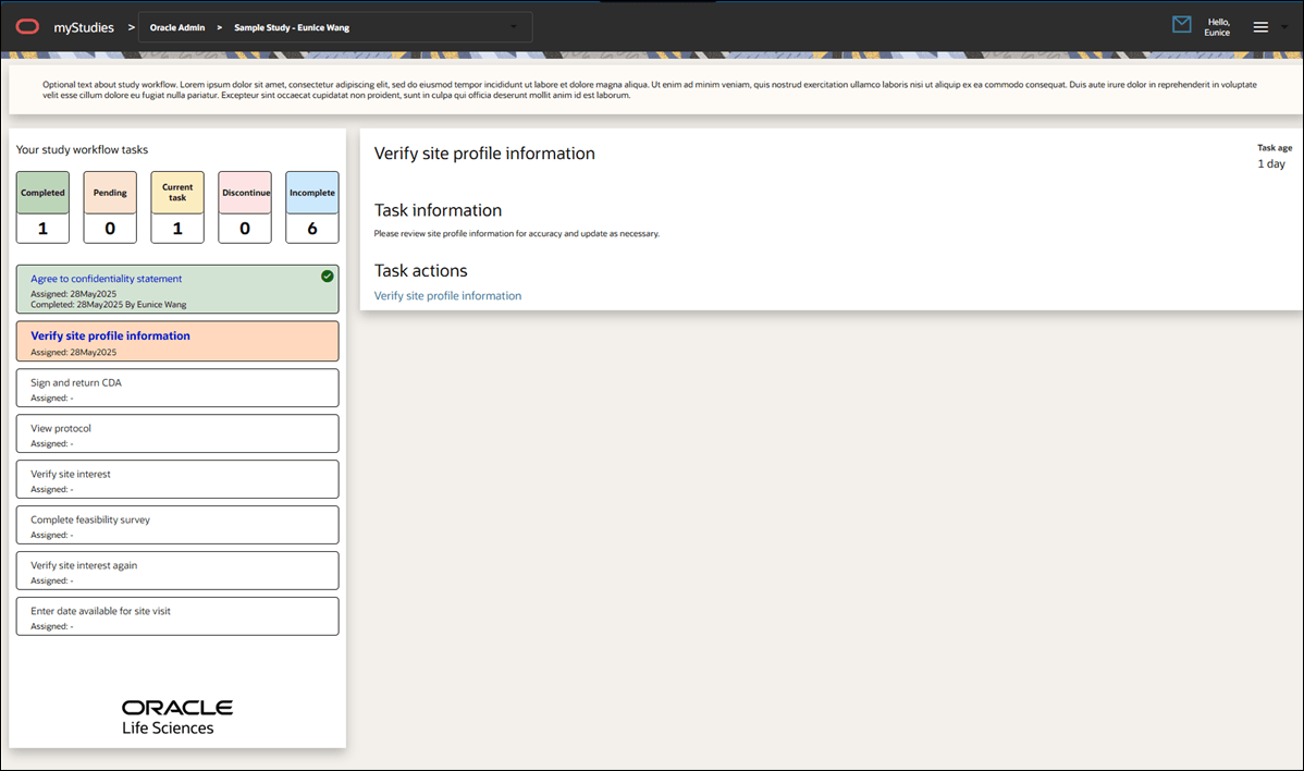 Site portal home page showing first task completed