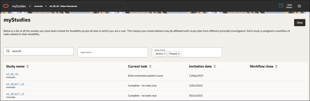 myStudies dashboard showing filters above study list