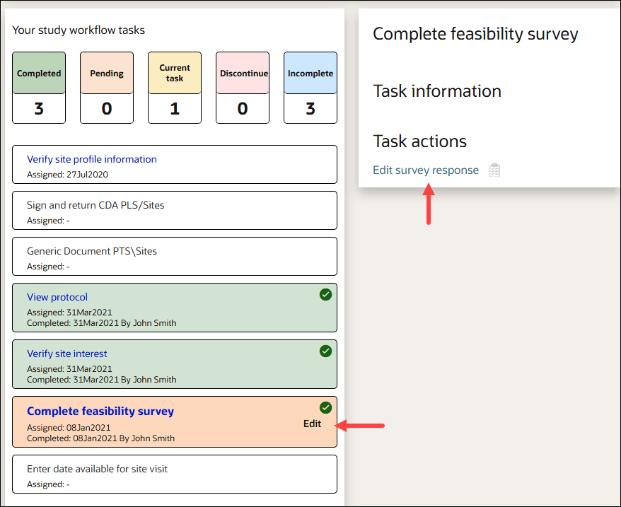 Survey task with arrow pointers to Edit options