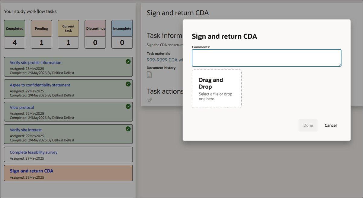 CDA task actions modal