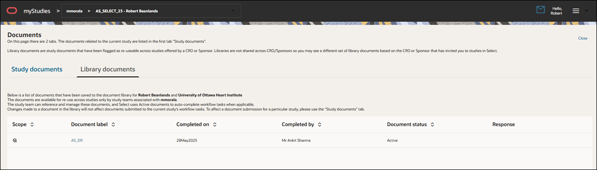 Documents page showing the Library documents tab