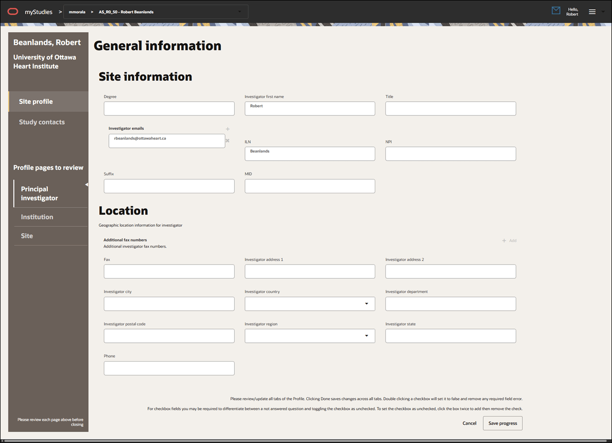 Site profile showing fields on the Principal investigator tab