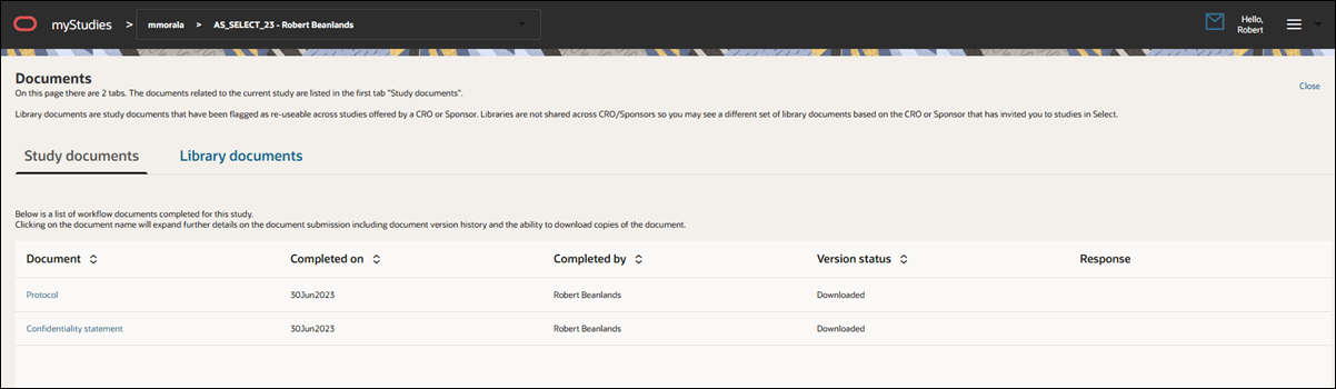 Documents page showing the Study documents tab