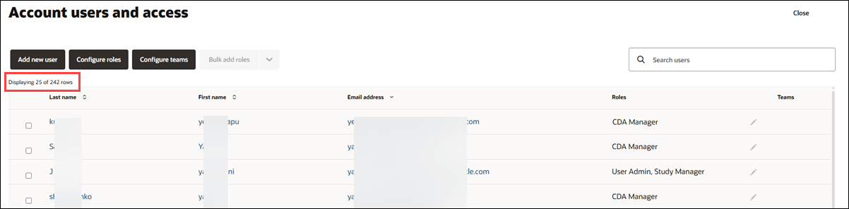 Users and access user list with new item counter at upper left above the list
