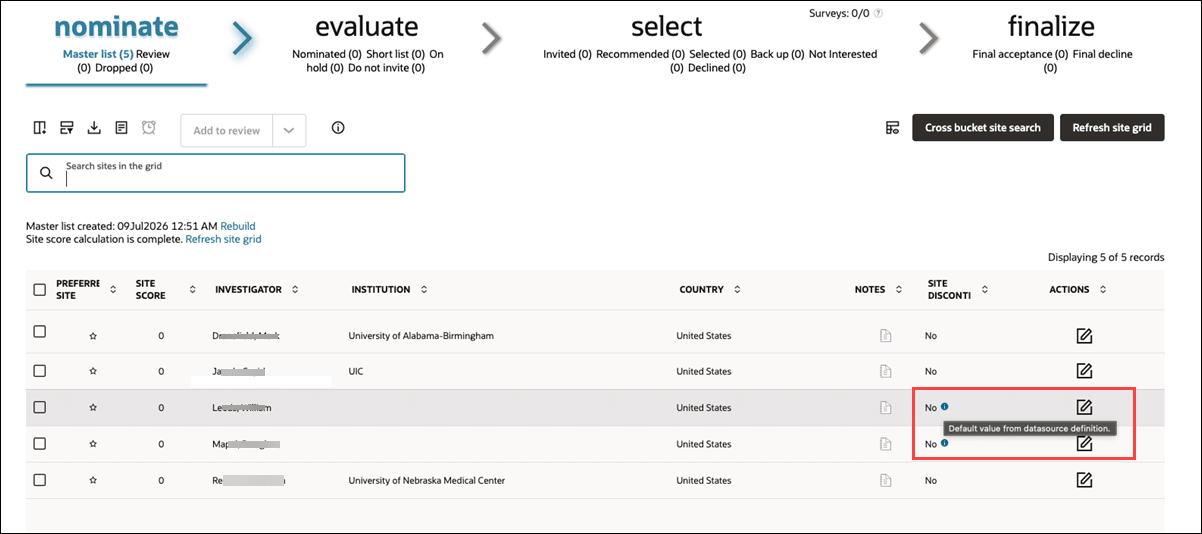Master list site grid showing default value and indicator with tooltip showing the value is the default from the datasource definition&nbsp;