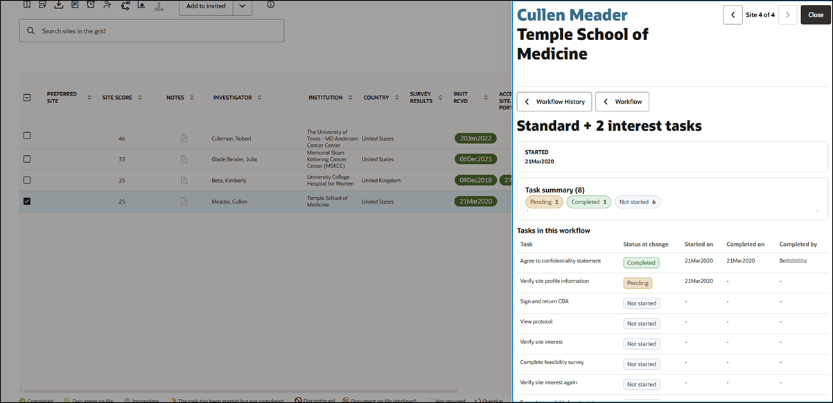 Site workflow history view showing the read-only workflow task table