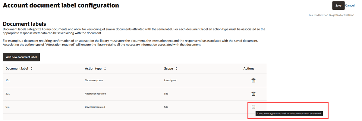 Account document label configuration page showing enabled and disabled delete icons and disabled delete icon tooltip message