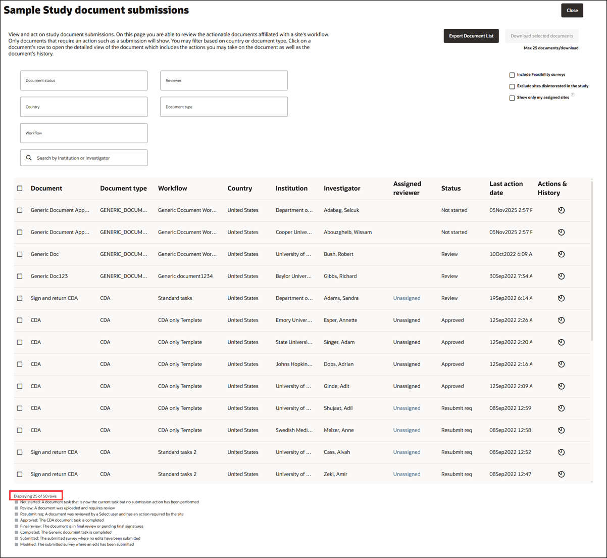 Document submissions list with new row counter at the lower left of the list