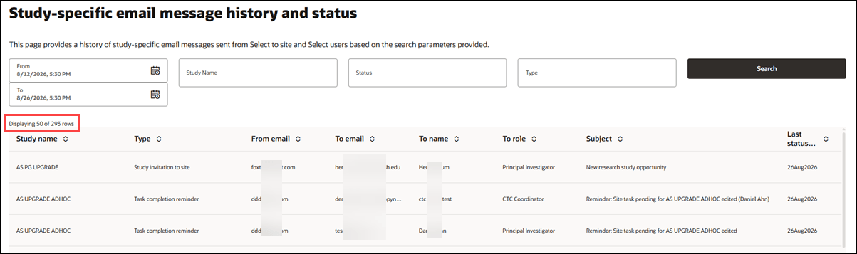 Study-specific email message history and status list with a new record display count at the upper left of the list