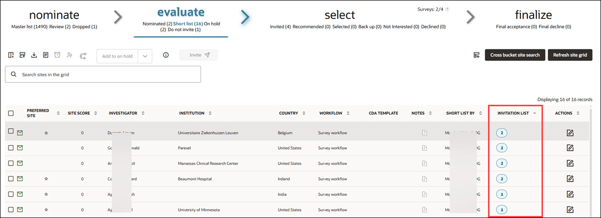 Short list site grid with optional Invitation list column and numeric badges