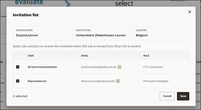 Invitation list modal showing two selected recipients