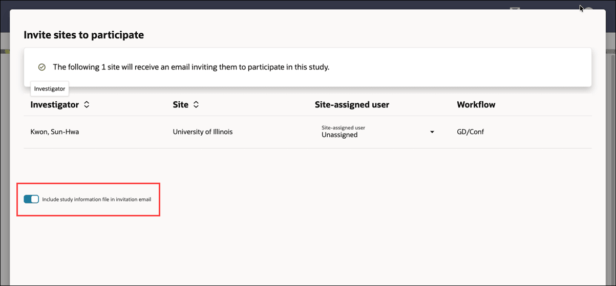 Invite sites to participate modal with new Include study information file in invitation email toggle