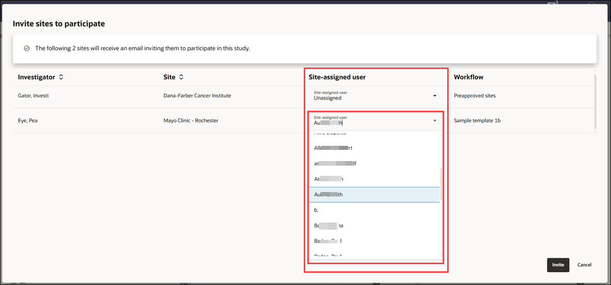 Invite sites to participate modal with new Site-assigned User column and drop-down list of available assignees