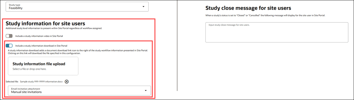 Study information for site users section on the Study details page showing attached file and new Email attachment setting drop-down